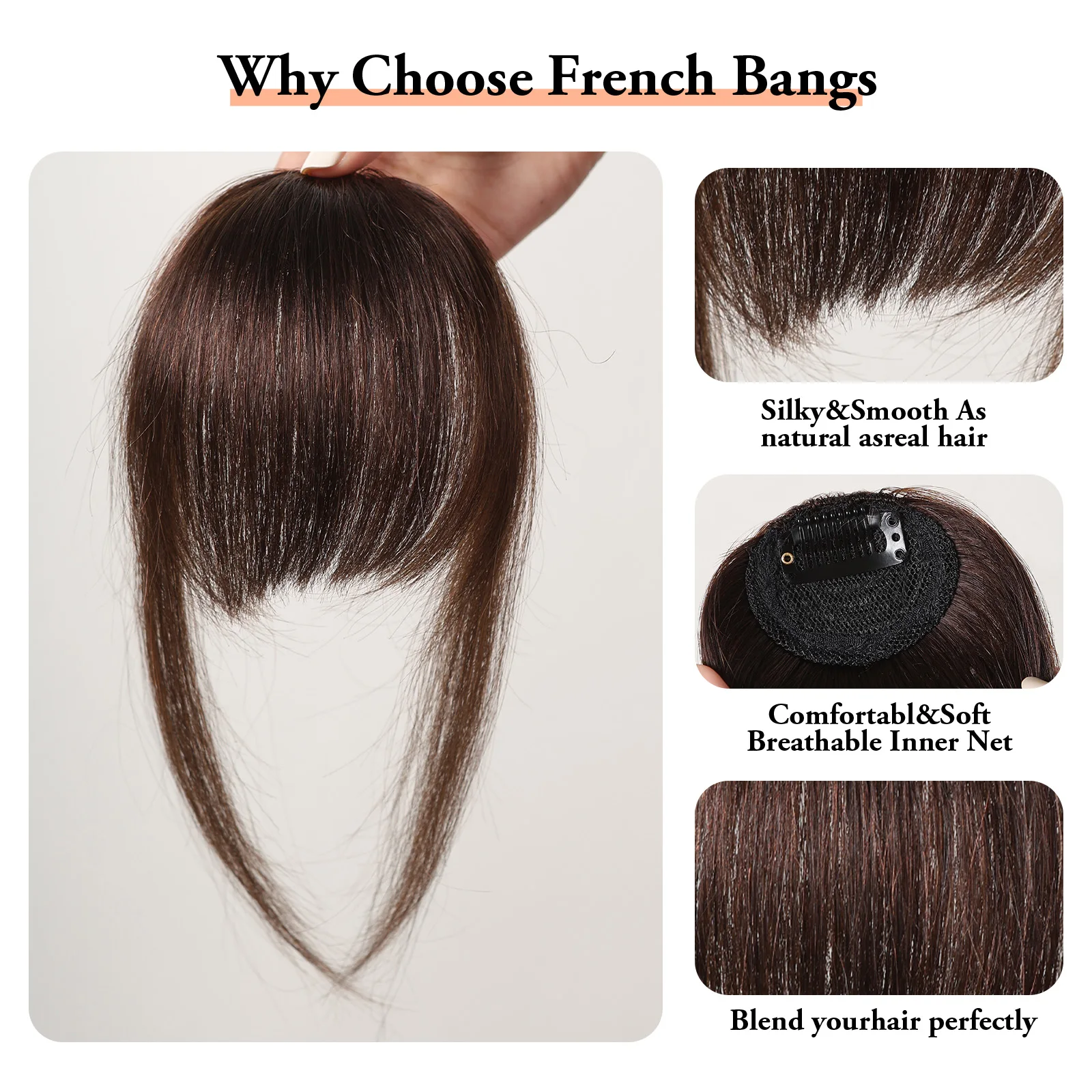 100% Human Hair Clip-In Bangs Blunt Cut Wispy Fringe with Sideburns Dark Brown Natural Look for Women Daily Party Wear thumbnail 5