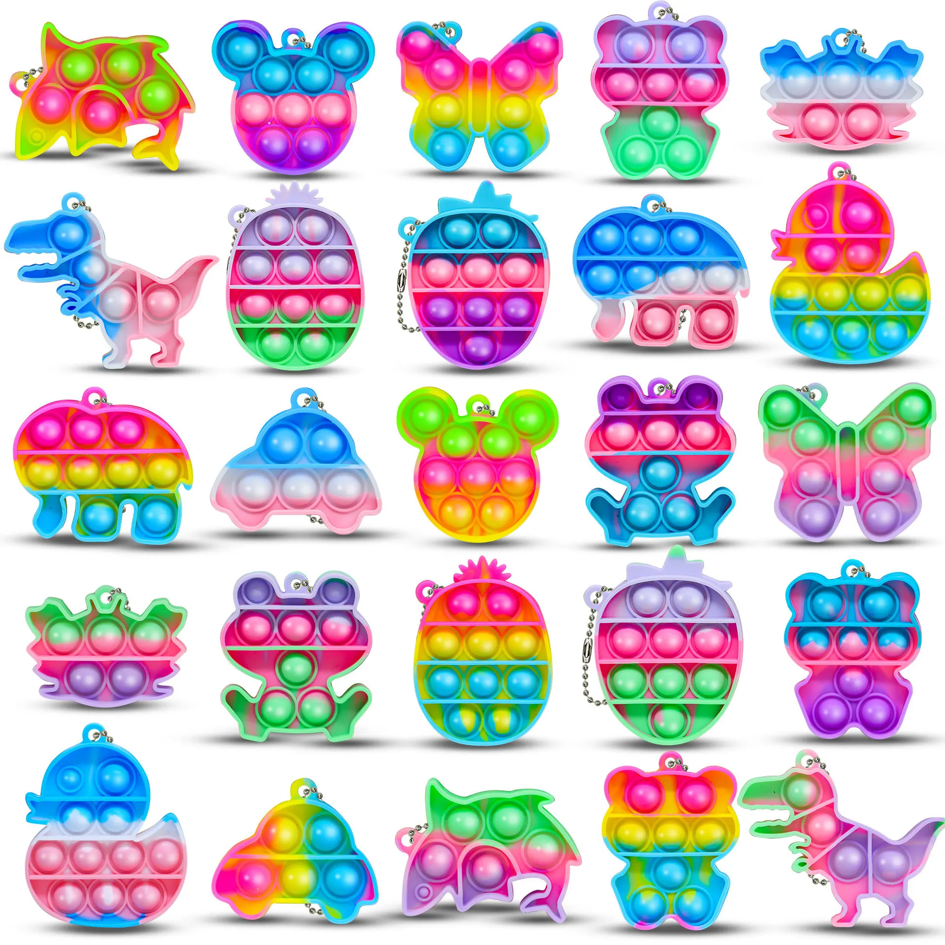 10/30/50PCS Rainbow Keychain Fidget Toys Cartoon Kawaii Sensory Toys Push Stress Relief Keychains for Kids Adult Party Favors