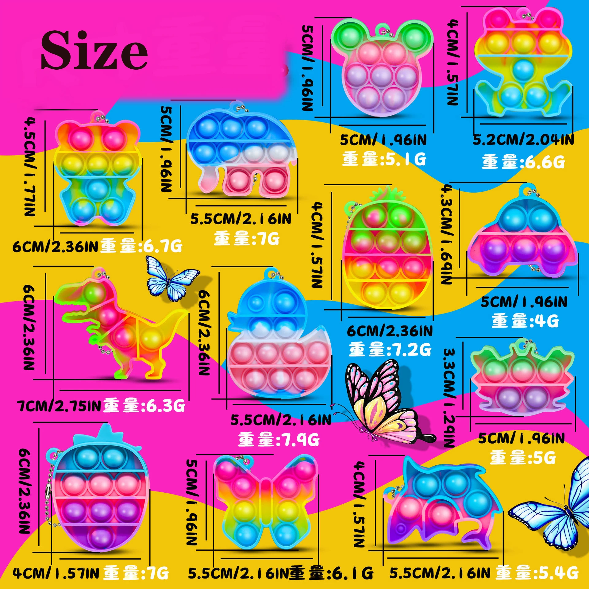 10/30/50PCS Rainbow Keychain Fidget Toys Cartoon Kawaii Sensory Toys Push Stress Relief Keychains for Kids Adult Party Favors thumbnail 6