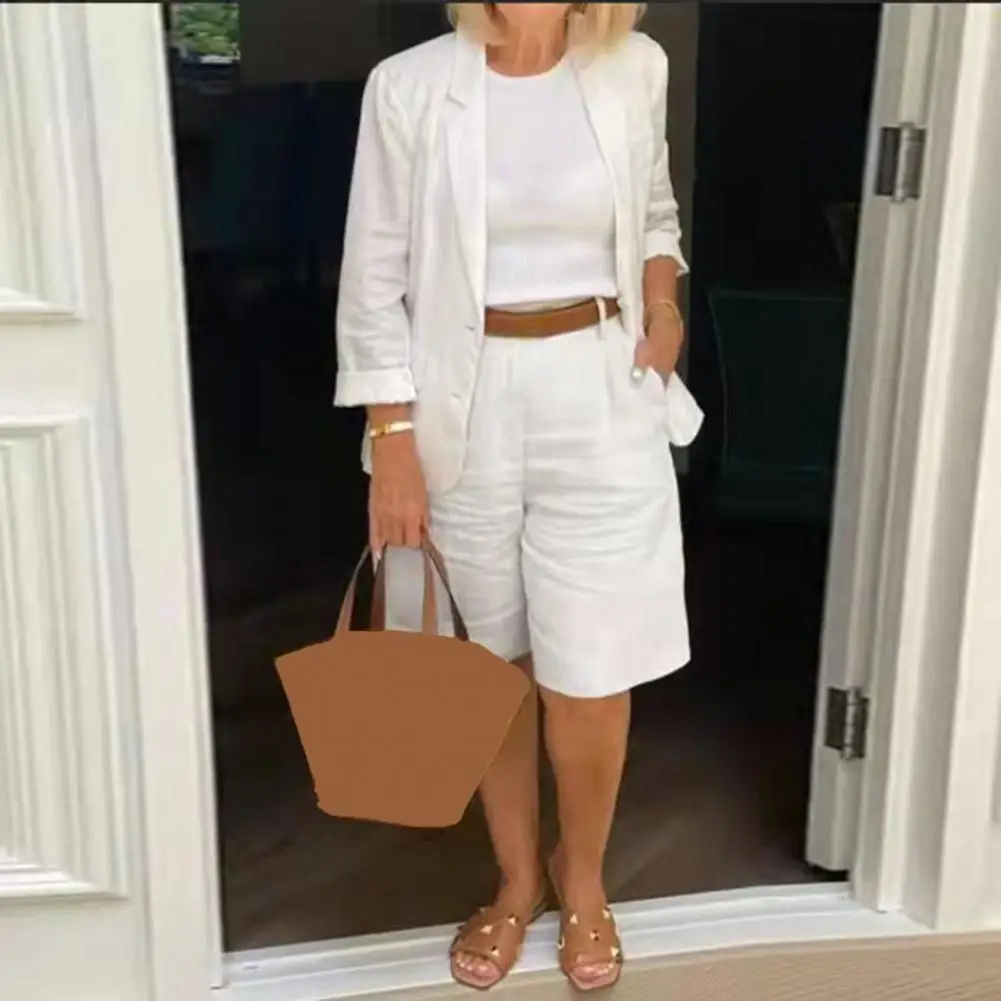 Two Piece Blazer Suit Sets Women OL Office Sets 1 Set Blazer Shorts Single Breasted Summer Buttons Outfit for Office thumbnail 3