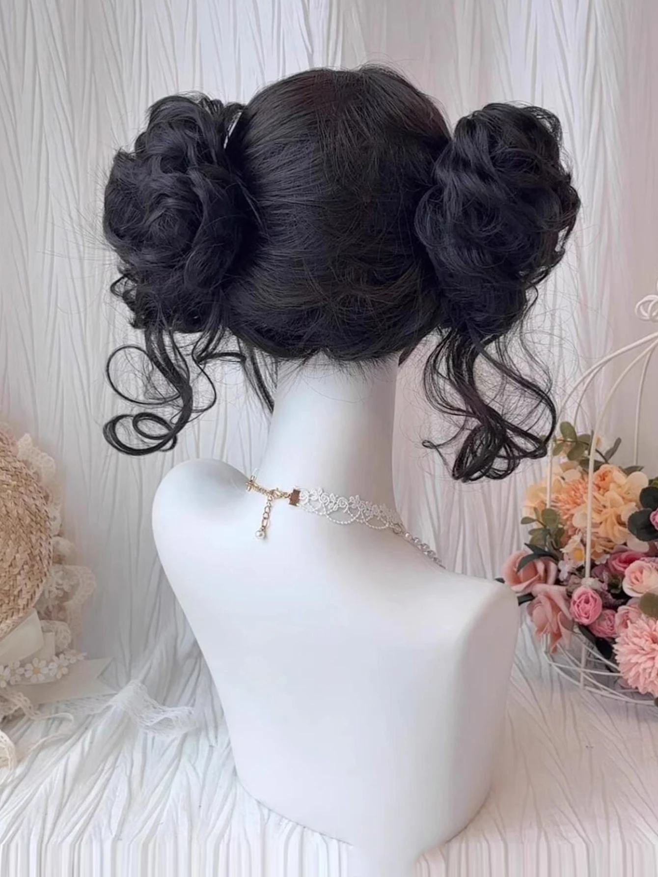 Short Straight Hair Claw Clip Double Ball Bun with Bangs Synthetic Wig Suitable for Women Daily Role Playing Heat Resistant thumbnail 5