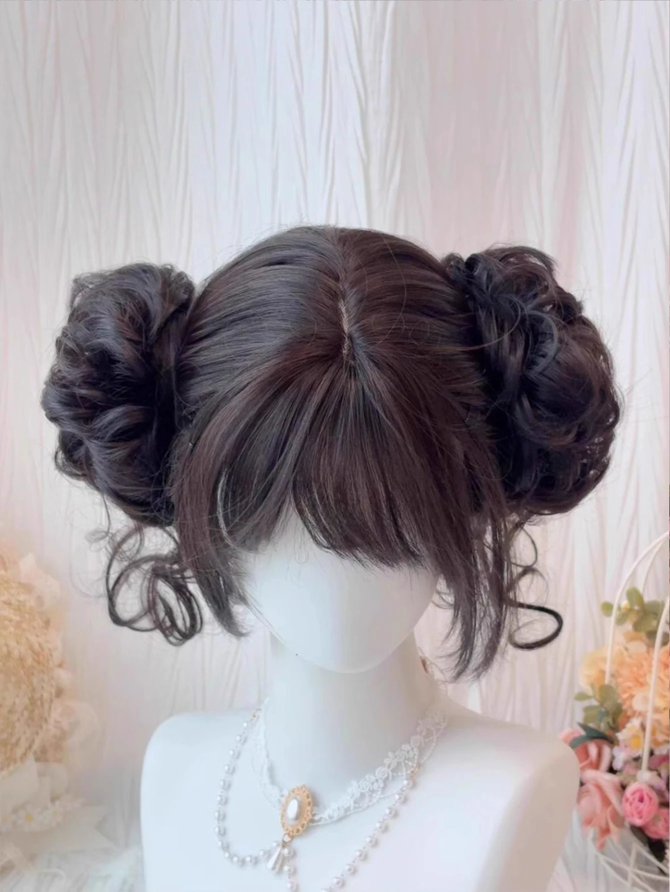 Short Straight Hair Claw Clip Double Ball Bun with Bangs Synthetic Wig Suitable for Women Daily Role Playing Heat Resistant thumbnail 6