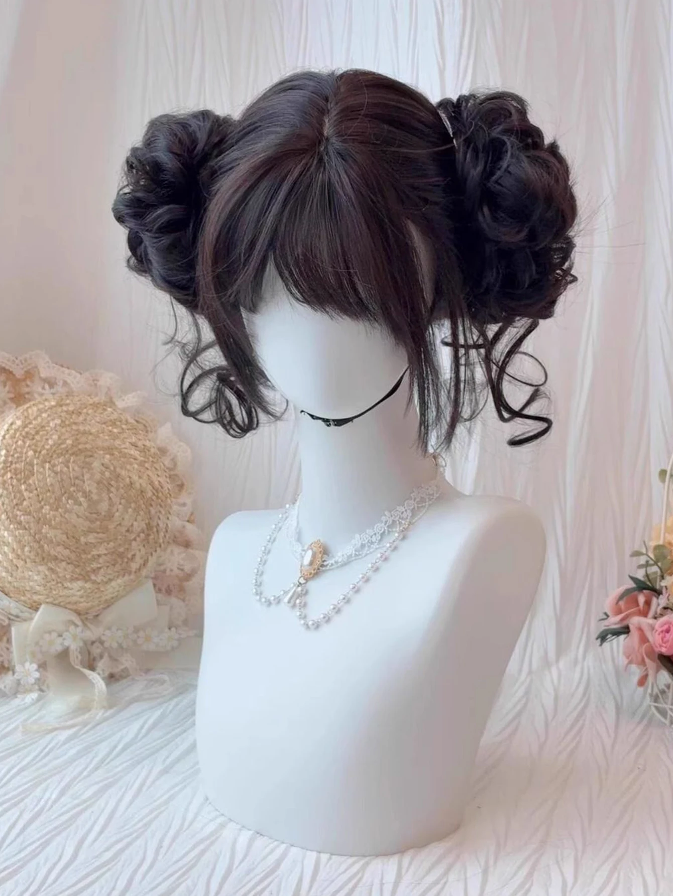 Short Straight Hair Claw Clip Double Ball Bun with Bangs Synthetic Wig Suitable for Women Daily Role Playing Heat Resistant thumbnail 4