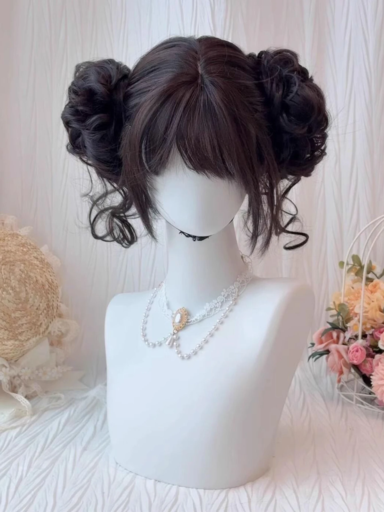 Short Straight Hair Claw Clip Double Ball Bun with Bangs Synthetic Wig Suitable for Women Daily Role Playing Heat Resistant thumbnail 2