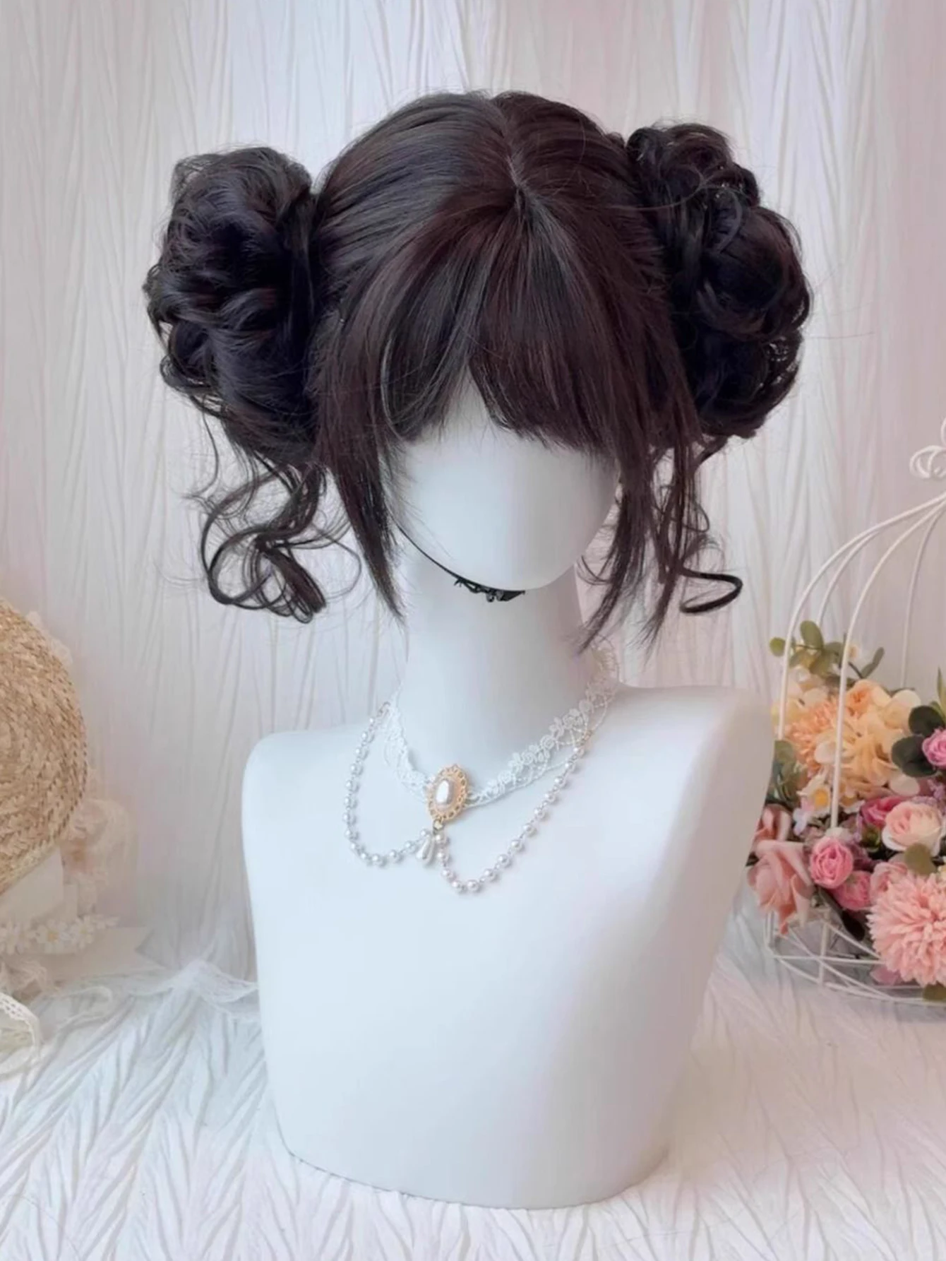 Short Straight Hair Claw Clip Double Ball Bun with Bangs Synthetic Wig Suitable for Women Daily Role Playing Heat Resistant thumbnail 3