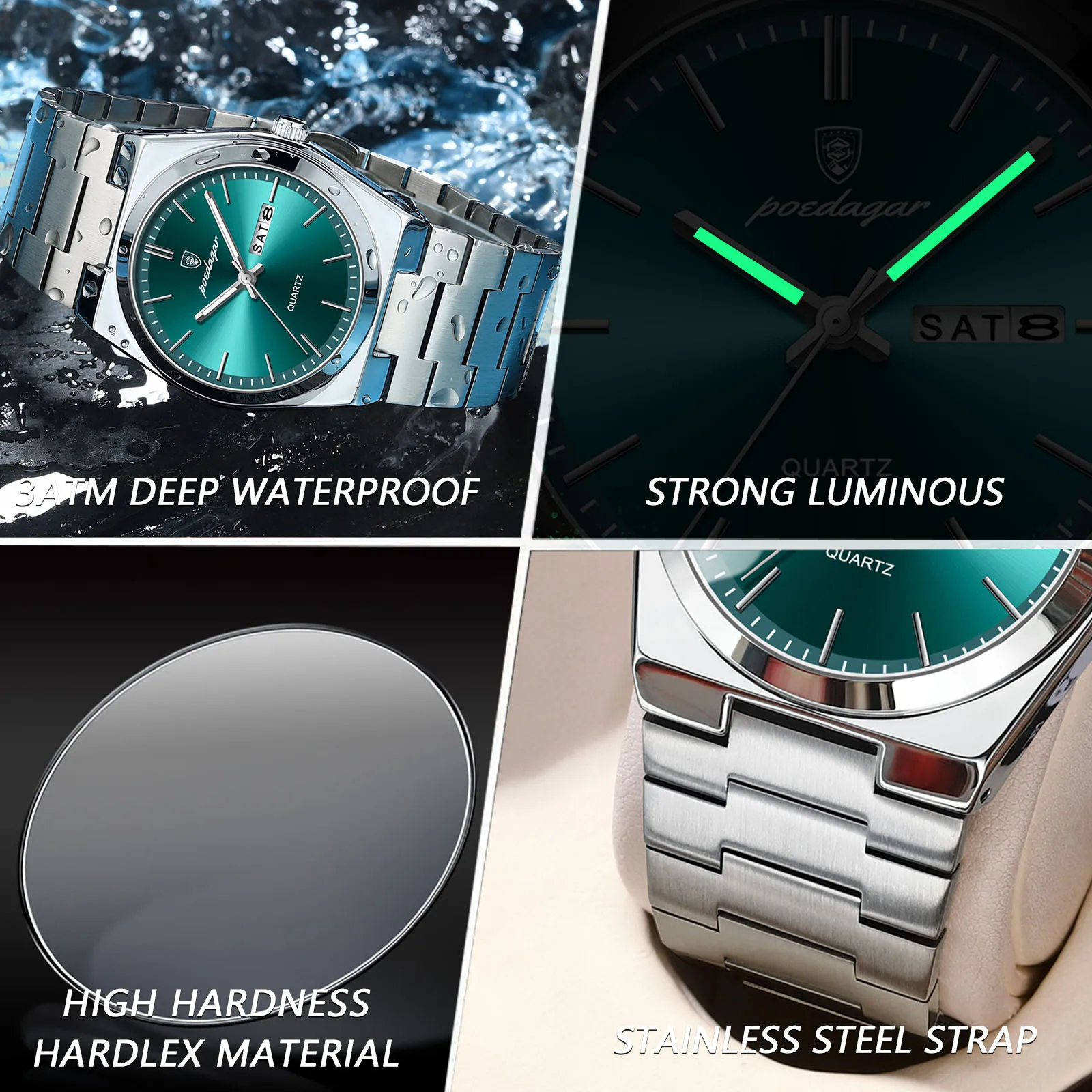 POEDAGAR Luxury Men's Watches Waterproof Luminous Date Week Men Watch Stainless Steel Casual Fashion Quartz Man Wristwatch Reloj thumbnail 3