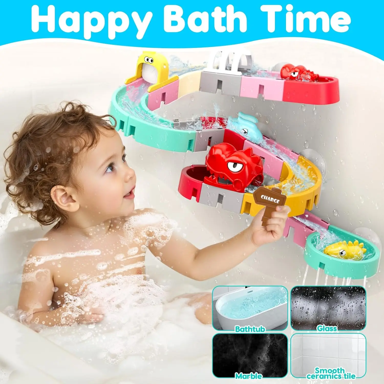 Bath Toys for Kids DIY Building Water Slide Tracks Dinosaur Bathtub Wall Toys for Toddlers Fun Baby Bathtime Bath Tub Shower thumbnail 2