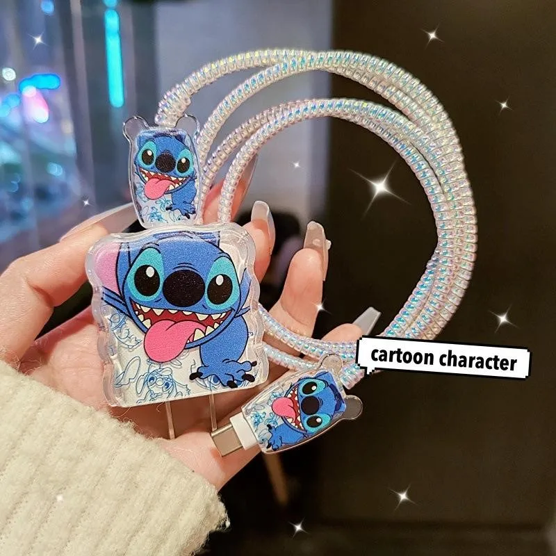 5Pcs/set Cartoon Stitch Charging Data Cable Protector Winder Accessories for IPhone 18w/20w Charger Protective Shell Case thumbnail 3