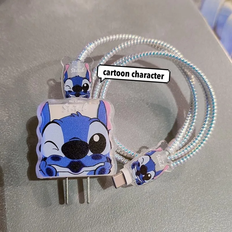 5Pcs/set Cartoon Stitch Charging Data Cable Protector Winder Accessories for IPhone 18w/20w Charger Protective Shell Case thumbnail 5