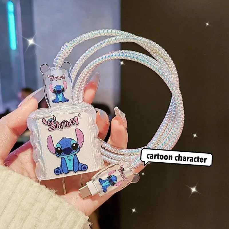 5Pcs/set Cartoon Stitch Charging Data Cable Protector Winder Accessories for IPhone 18w/20w Charger Protective Shell Case thumbnail 2