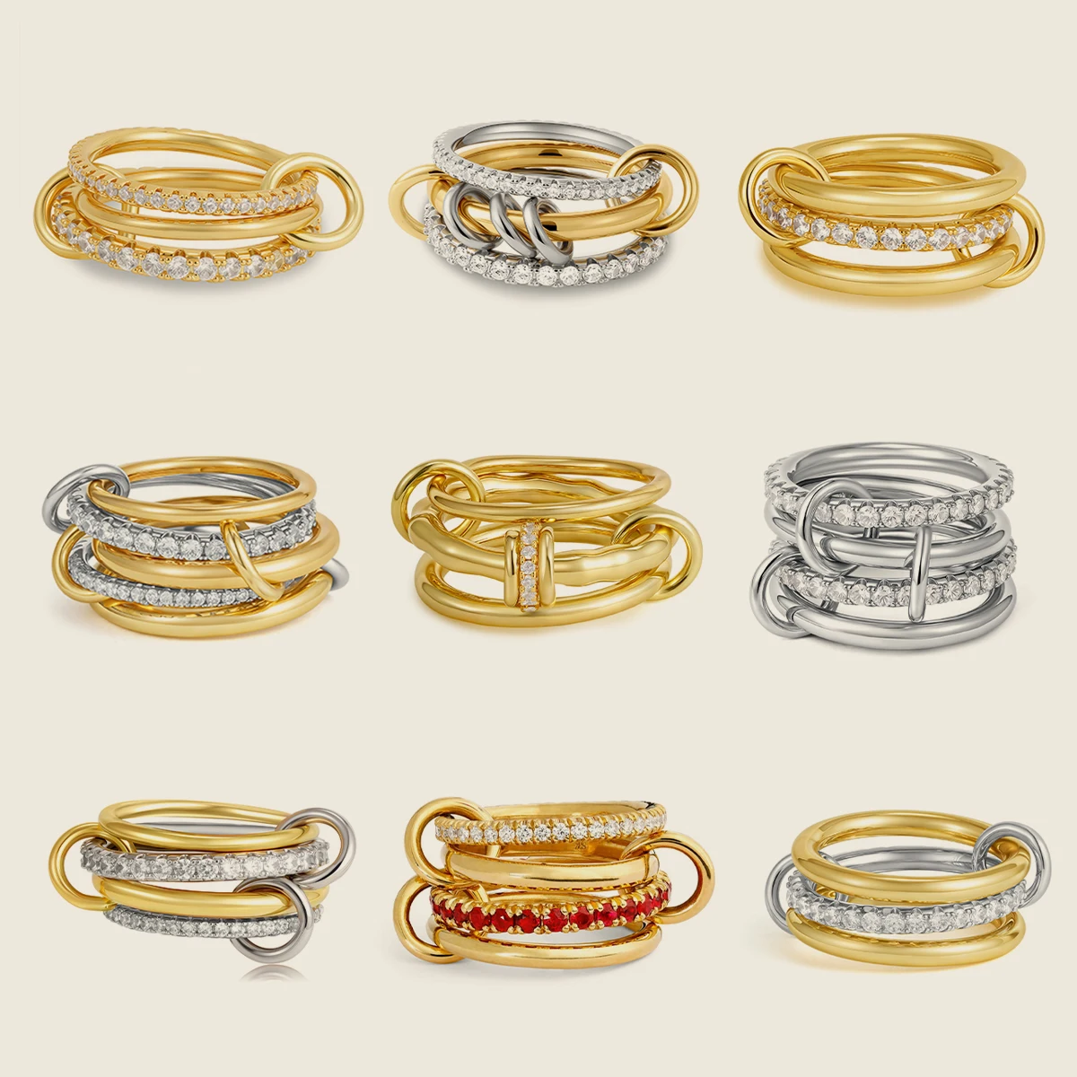 Luxury Cubic Zirconia Gold Plating Multilayer Connecting Rings for Women Fashion Mixed Color Stackable Finger Ring Party Jewelry