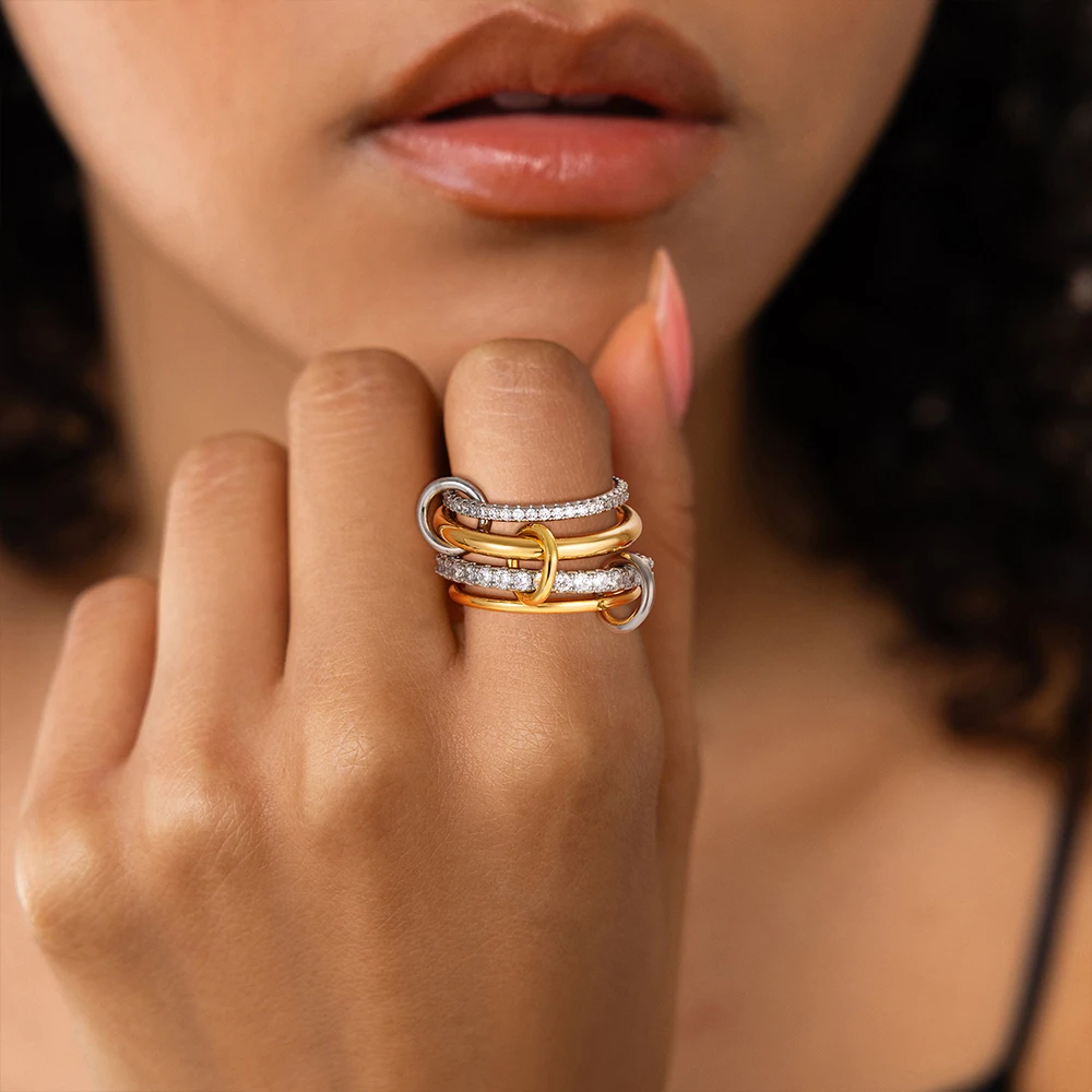 Luxury Cubic Zirconia Gold Plating Multilayer Connecting Rings for Women Fashion Mixed Color Stackable Finger Ring Party Jewelry thumbnail 2