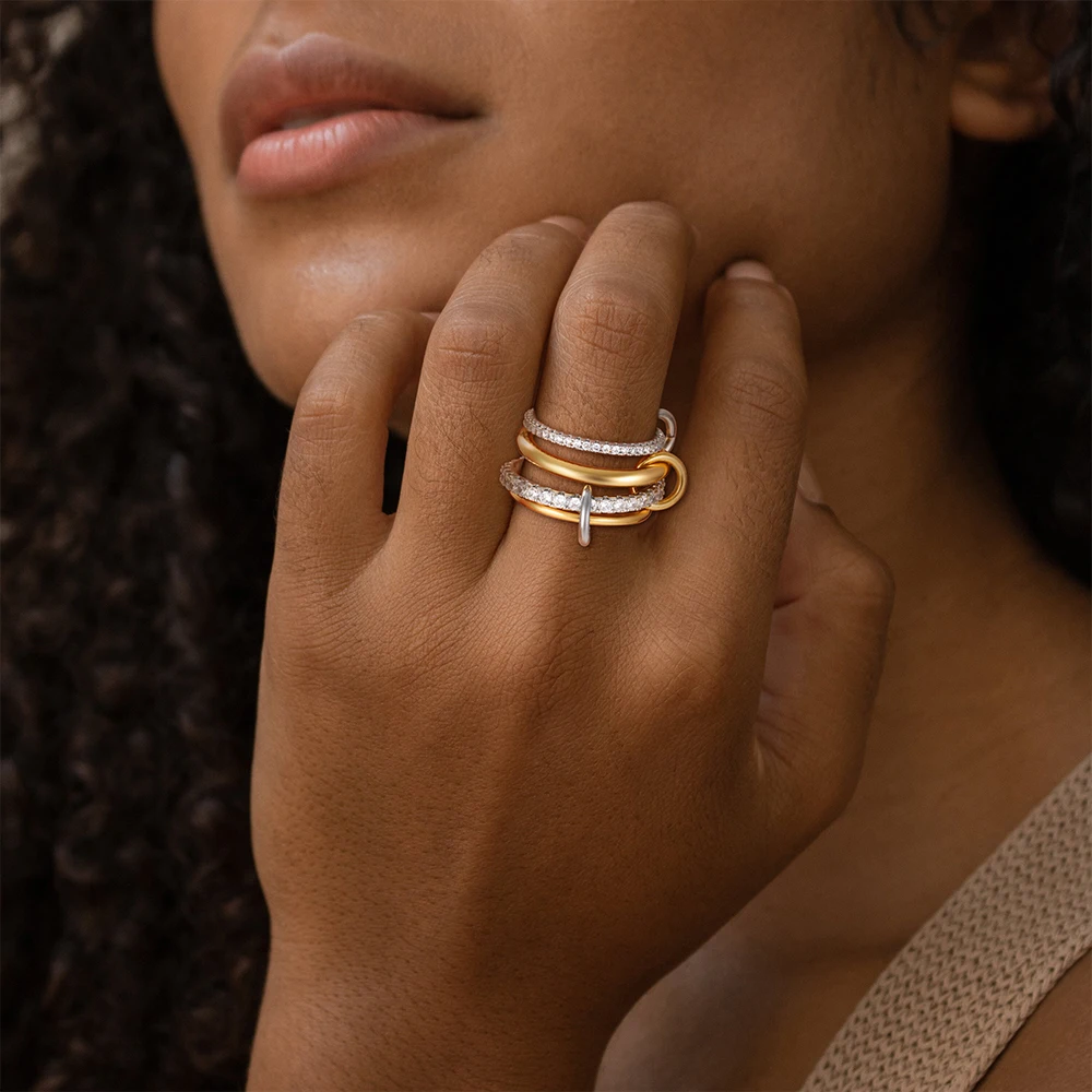 Luxury Cubic Zirconia Gold Plating Multilayer Connecting Rings for Women Fashion Mixed Color Stackable Finger Ring Party Jewelry thumbnail 4