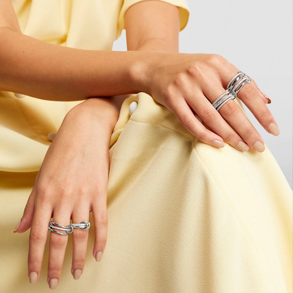 Luxury Cubic Zirconia Gold Plating Multilayer Connecting Rings for Women Fashion Mixed Color Stackable Finger Ring Party Jewelry thumbnail 5
