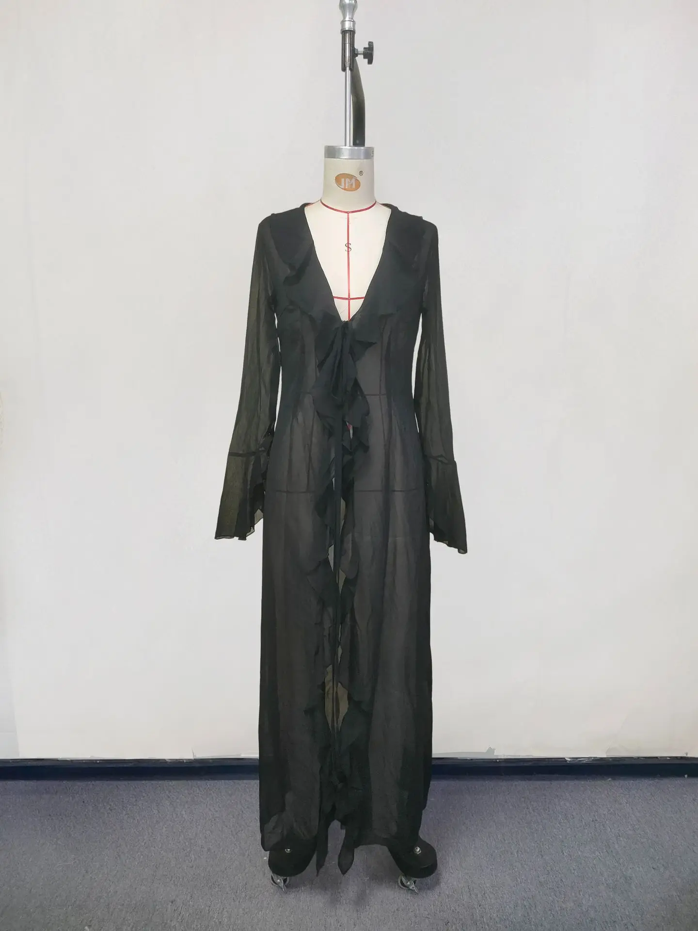 New Chiffon Tunic Beach Cover Up Cover-ups Dress Sunscreen Beachwear Womens Clothing Sexy V Neck Ruffled Long Sleeve Black White thumbnail 6