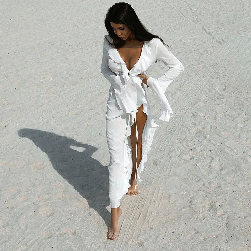 New Chiffon Tunic Beach Cover Up Cover-ups Dress Sunscreen Beachwear Womens Clothing Sexy V Neck Ruffled Long Sleeve Black White thumbnail 3