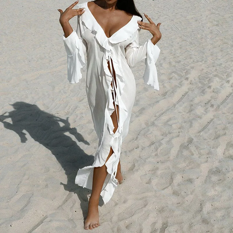 New Chiffon Tunic Beach Cover Up Cover-ups Dress Sunscreen Beachwear Womens Clothing Sexy V Neck Ruffled Long Sleeve Black White thumbnail 2