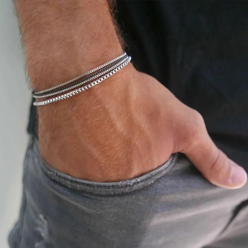 4Pcs/Set Stainless Steel Adjustable Box Chain Bracelets for Men Simple Vintage Silver Color Cuban Bangle Sets Party Jewelry Gift