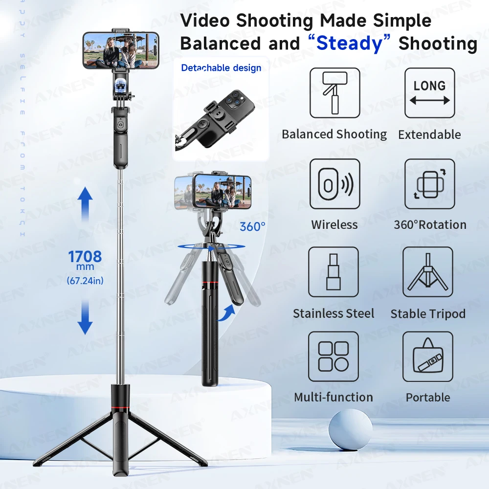 F16 Selfie Stick Tripod with 1708mm Long 8-Section Pole, Bluetooth Remote, 360° Rotation, 1/4 Interface, for Phone Camera Vlog thumbnail 2