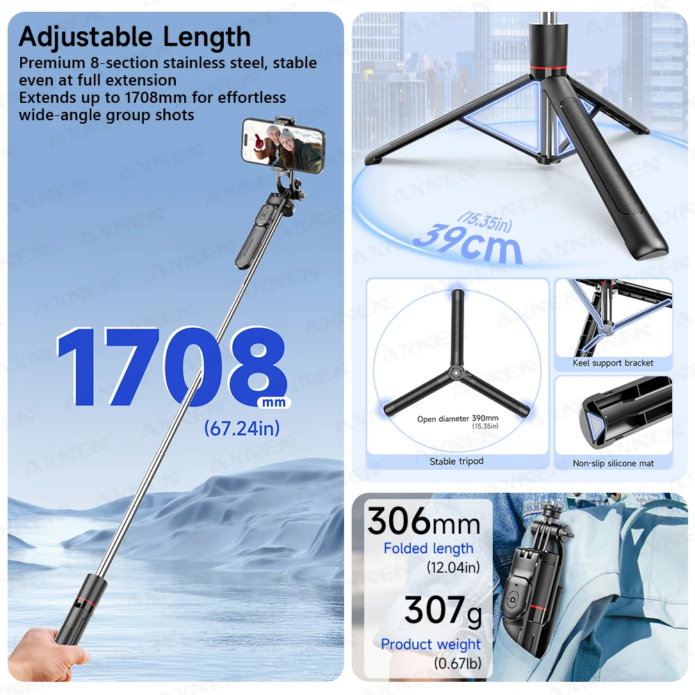 F16 Selfie Stick Tripod with 1708mm Long 8-Section Pole, Bluetooth Remote, 360° Rotation, 1/4 Interface, for Phone Camera Vlog thumbnail 4