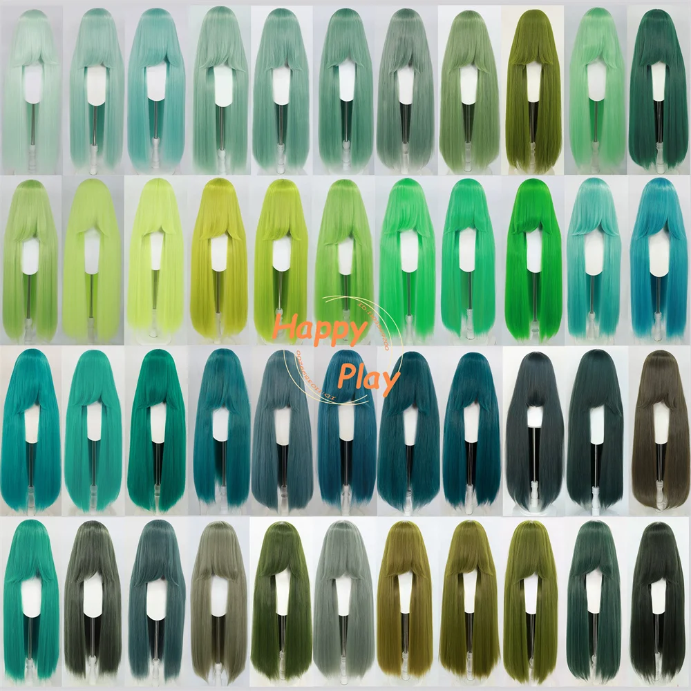 Synthetic High Quality 500g Thick Volume 39" 100cm Long Straight Cosplay Wig With Bang Green Color Palette Anime Cosplay Wigs
