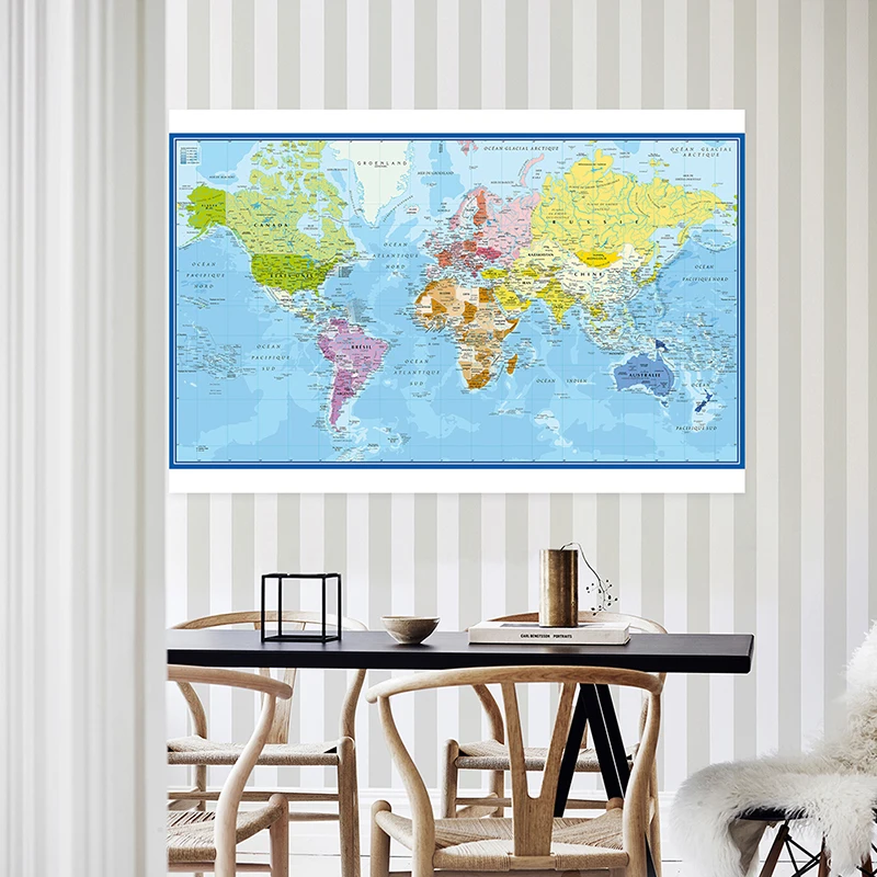 Wall Poster Map of The World French Language Polyester Vinyl Painting Office School Supplies Home Decoration Carte Monde thumbnail 4