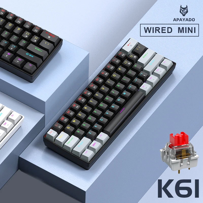 APAYADO K61 Mini Mechanical Keyboard,Wired,61 Keys,Phantom RGB, Black/White Red/Blue Mechanical Switch for Gaming,60% Portable thumbnail 4