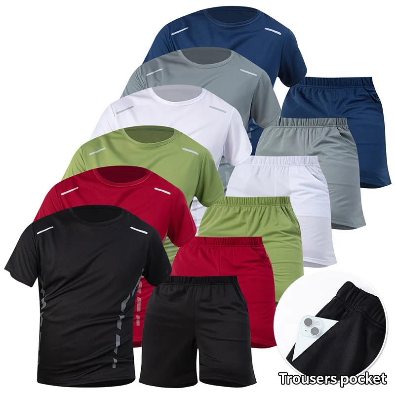2-Piece Men's Summer Quick drying Sports Suit Loose And Breathable Short Sleeved T-shirt Running And Fitness Black Pocket Shorts