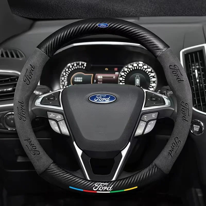 Car Anti-Slip Suede Carbon Fiber Steering Wheel Cover Ford ST EXPLORER EDGE Fiesta Focus Mondeo F150 Fusion Mustang Kuga Ranger thumbnail 4