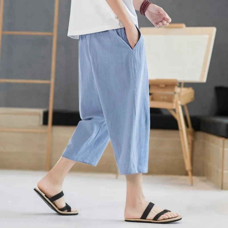 2025 new summer men's casual imitation linen seven quarter pants, thin solid color cut pants, fashionable hip-hop street sports thumbnail 5