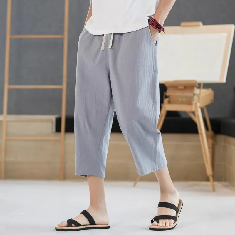 2025 new summer men's casual imitation linen seven quarter pants, thin solid color cut pants, fashionable hip-hop street sports thumbnail 4