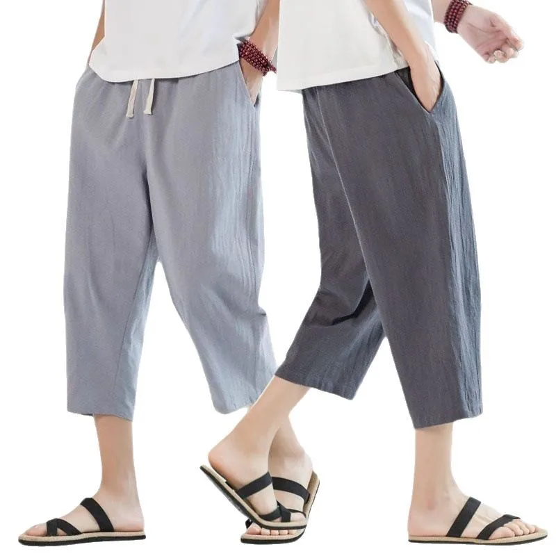 2025 new summer men's casual imitation linen seven quarter pants, thin solid color cut pants, fashionable hip-hop street sports thumbnail 2