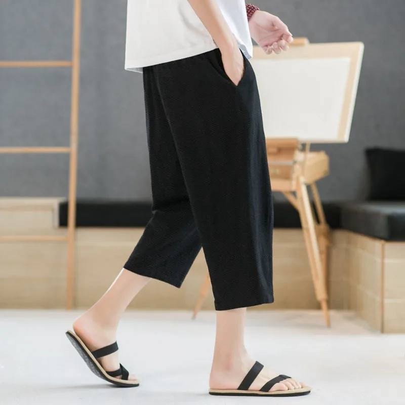 2025 new summer men's casual imitation linen seven quarter pants, thin solid color cut pants, fashionable hip-hop street sports thumbnail 6