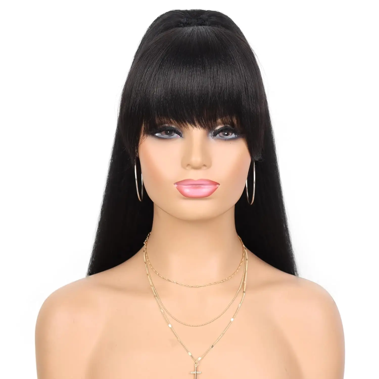Synthetic Hairpiece Yaki Drawstring Ponytail Extension with Bangs - Long Yaki Straight Clip in for Black Women for Daily Party thumbnail 4
