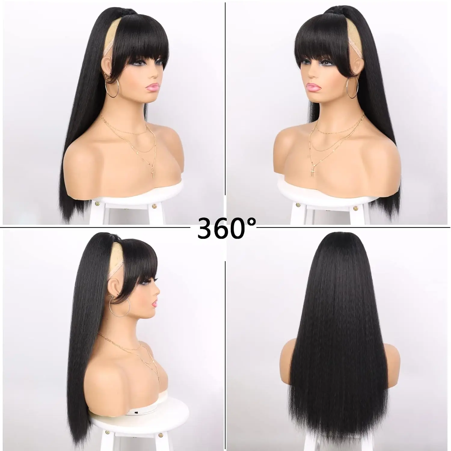 Synthetic Hairpiece Yaki Drawstring Ponytail Extension with Bangs - Long Yaki Straight Clip in for Black Women for Daily Party thumbnail 6