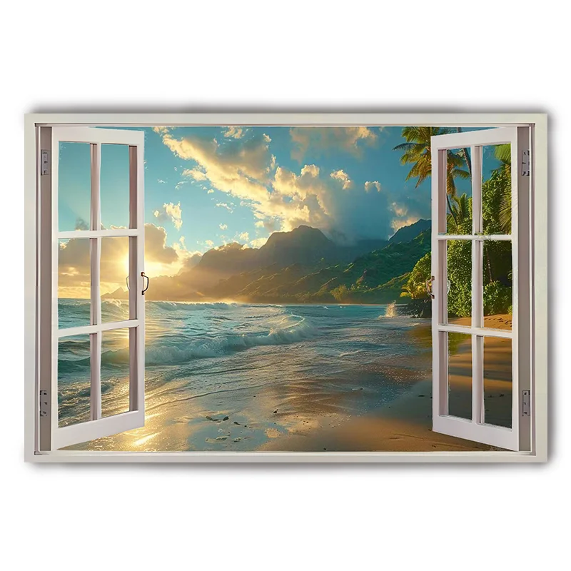 3D Sunset Blue Beach Nature Sky Aurora Lake Window View Poster Wall Art Sea Landscape Room Decor Wallpaper Picture thumbnail 4
