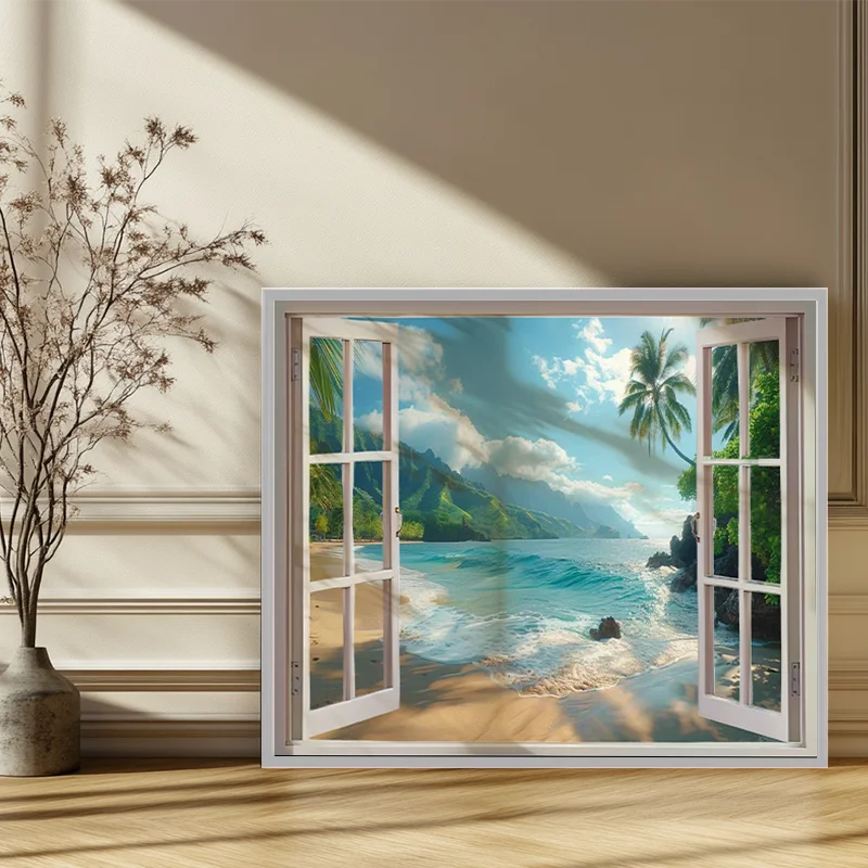 3D Sunset Blue Beach Nature Sky Aurora Lake Window View Poster Wall Art Sea Landscape Room Decor Wallpaper Picture thumbnail 2