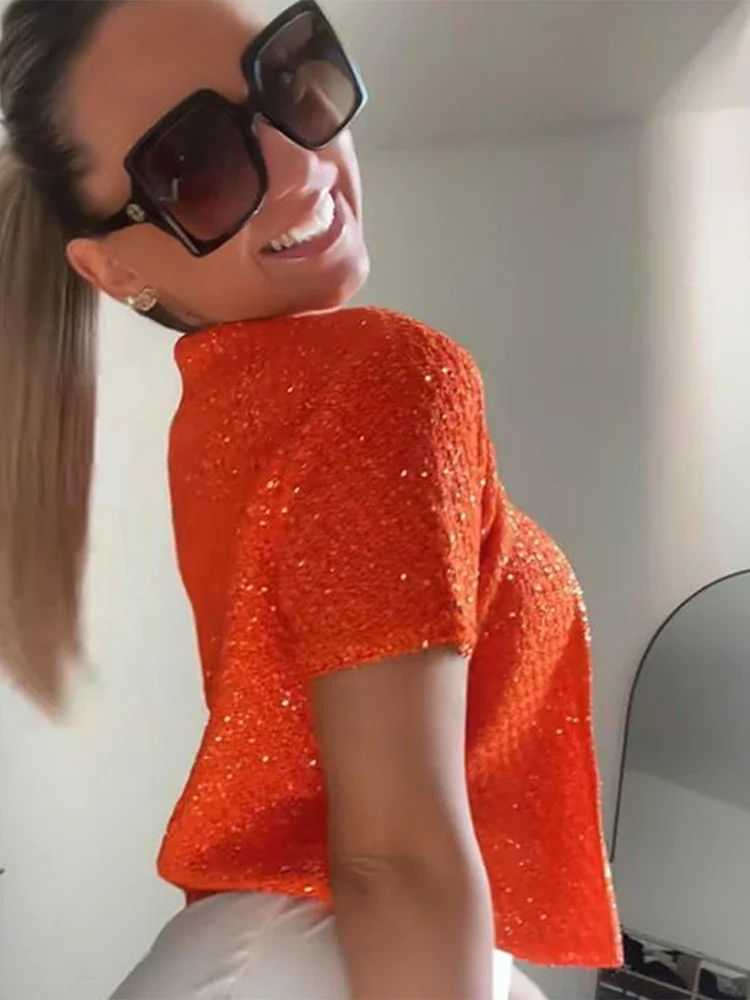 Sequin Knitted Women Top Coat Halter Vest Bead Round Neck Slim Fit Cardigan Short Blouse Knitwear Fashion Suspender Sweater Tank thumbnail 4
