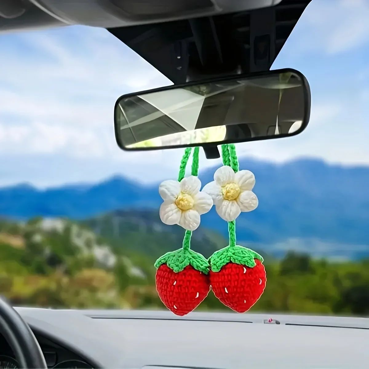 Strawberry Handmade Crochet Car Pendant Decoration Strawberry Rearview Mirror of The Car Hanging Keychain Accessories Woman Gift thumbnail 2