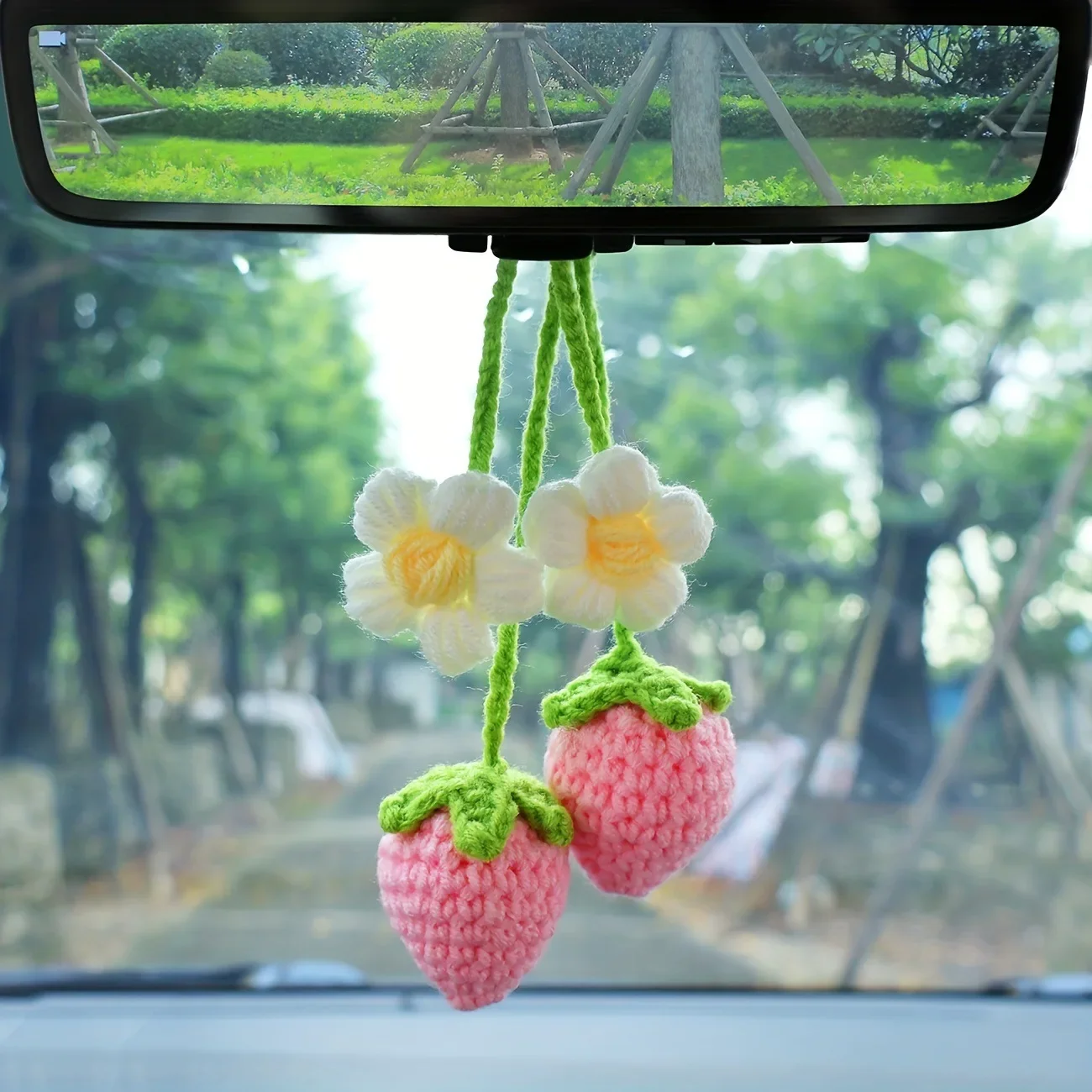 Strawberry Handmade Crochet Car Pendant Decoration Strawberry Rearview Mirror of The Car Hanging Keychain Accessories Woman Gift thumbnail 3