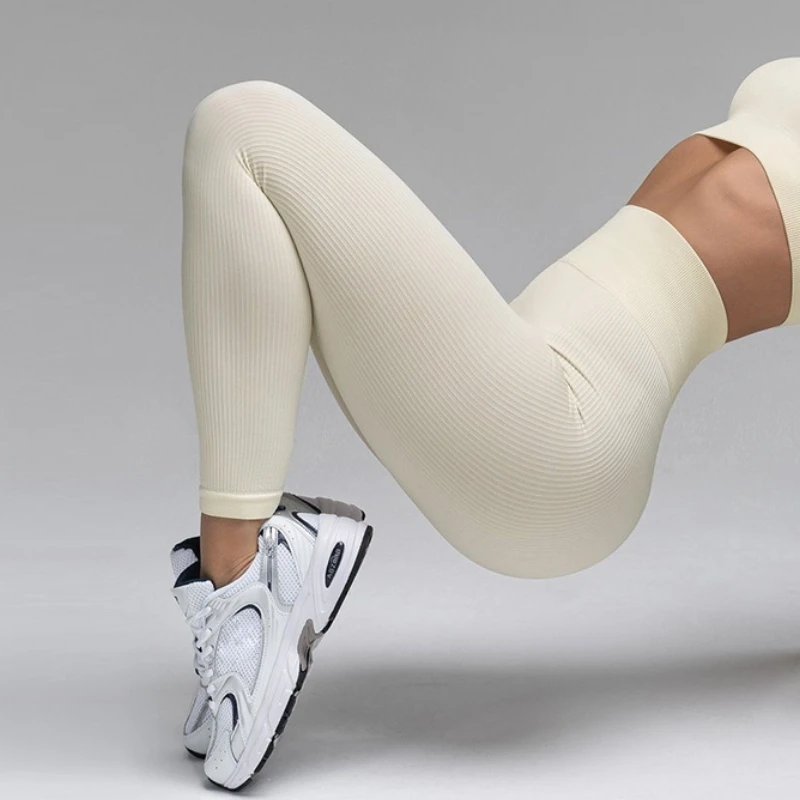 Women Ribbed Yoga Pants High Waisted Gym Leggings Sport ， Fitness Seamless Female Legging Control Running Training Tights thumbnail 2