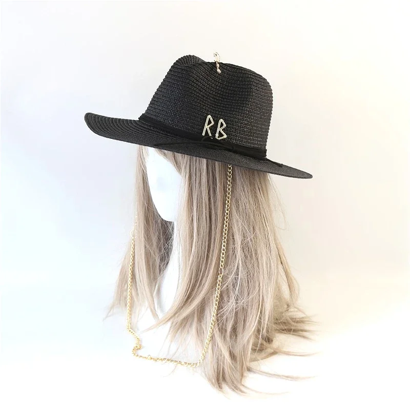 Fashionable Metal RB Letter Straw Hats for Women Men Summer Outdoor Holidays Beach Sun Hat Straw Hats for Women Fashion Panama thumbnail 4