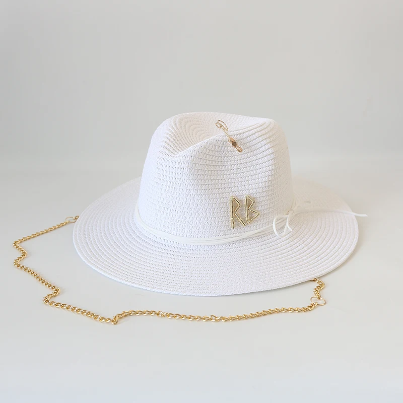 Fashionable Metal RB Letter Straw Hats for Women Men Summer Outdoor Holidays Beach Sun Hat Straw Hats for Women Fashion Panama thumbnail 2