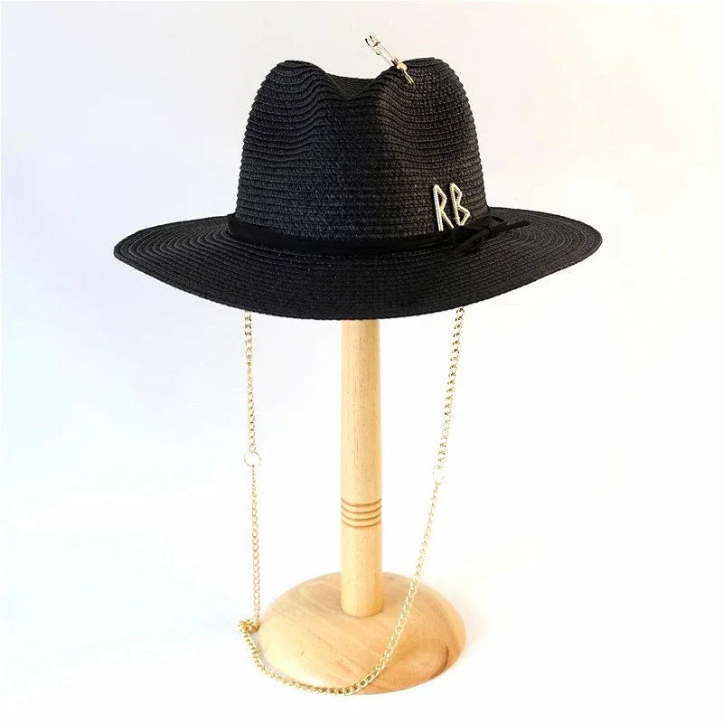 Fashionable Metal RB Letter Straw Hats for Women Men Summer Outdoor Holidays Beach Sun Hat Straw Hats for Women Fashion Panama thumbnail 3