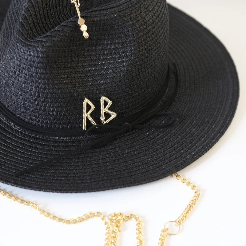 Fashionable Metal RB Letter Straw Hats for Women Men Summer Outdoor Holidays Beach Sun Hat Straw Hats for Women Fashion Panama thumbnail 6
