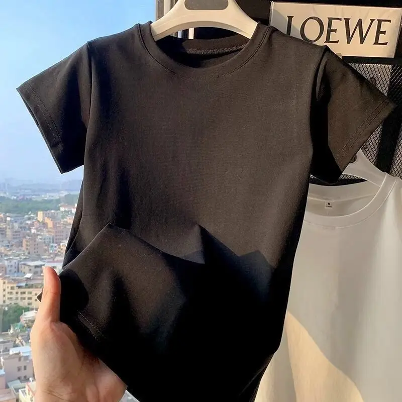 Spring Summer New Short Sleeve T-Shirt Women Solid Simple Casual Soft All-Match Hot Basic Slim Tops Tees Summer Fashion 2025 thumbnail 3