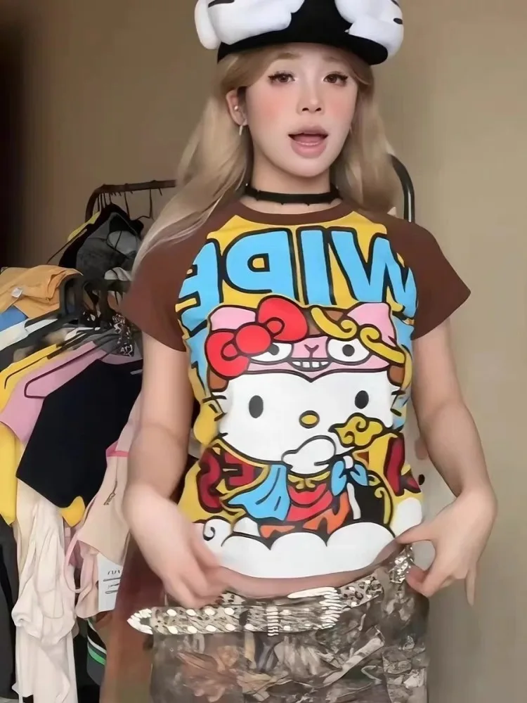 Y2K Sanrio Hello Kitty New Anime Fashion Short Tops Summer Cute Tees Cartoon Printed High Street Gothic Short Hottie T-shirts thumbnail 4