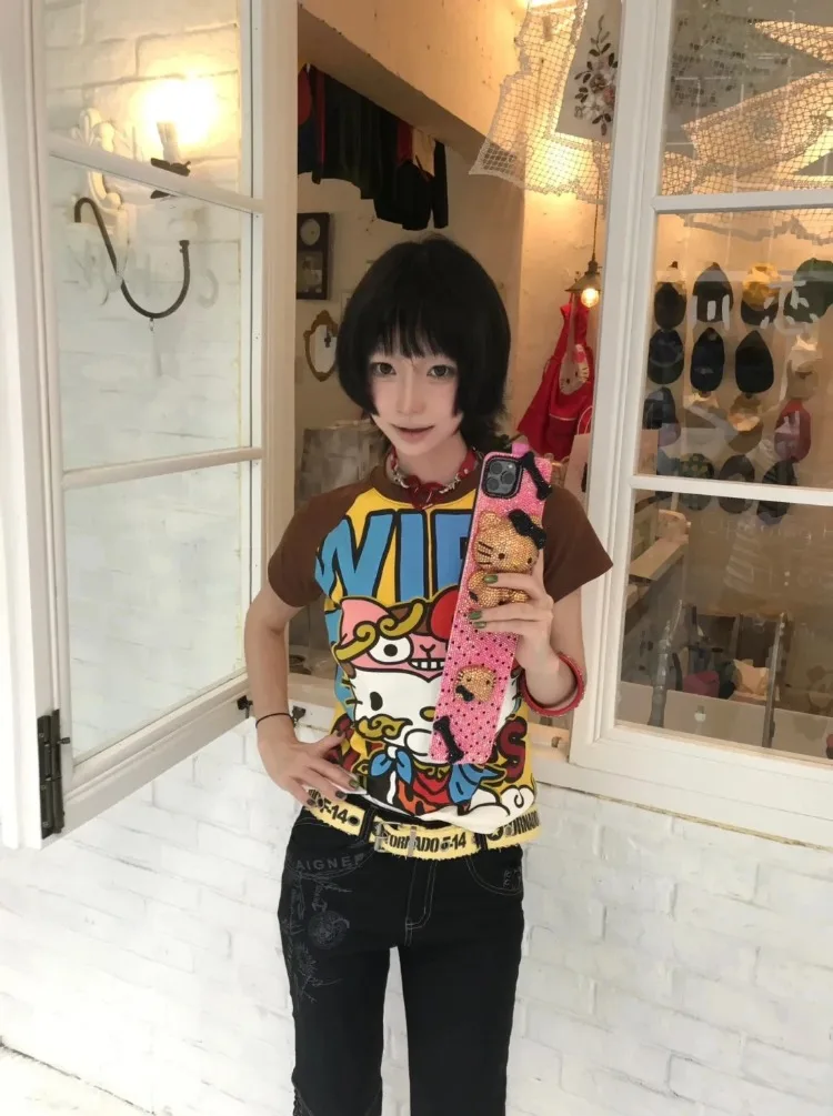 Y2K Sanrio Hello Kitty New Anime Fashion Short Tops Summer Cute Tees Cartoon Printed High Street Gothic Short Hottie T-shirts thumbnail 5