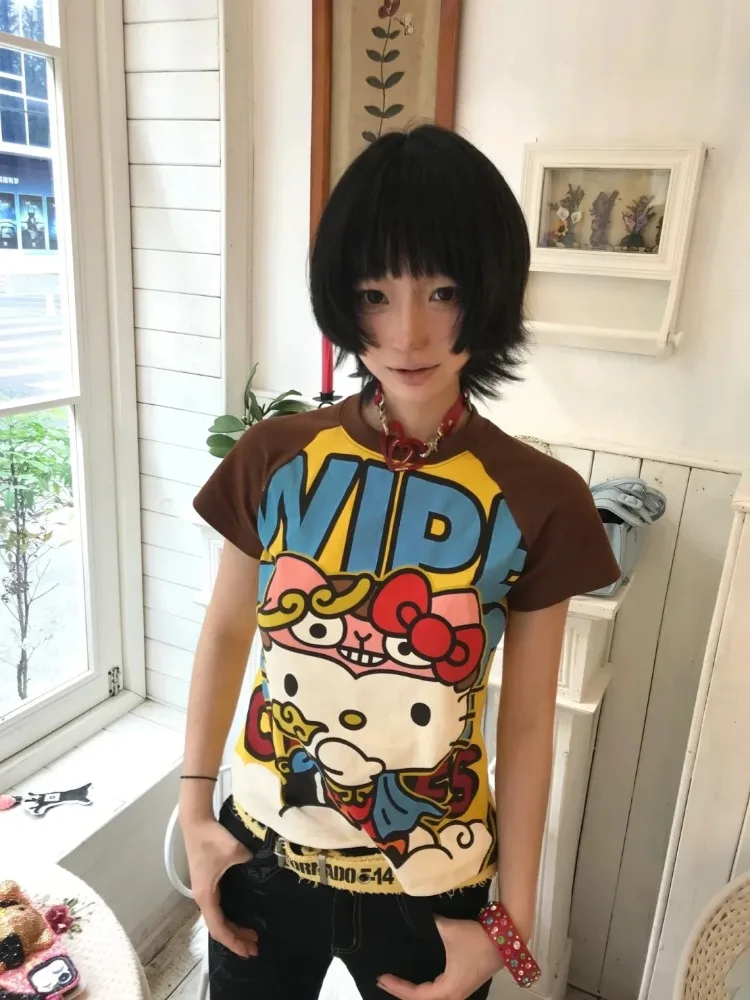 Y2K Sanrio Hello Kitty New Anime Fashion Short Tops Summer Cute Tees Cartoon Printed High Street Gothic Short Hottie T-shirts thumbnail 2
