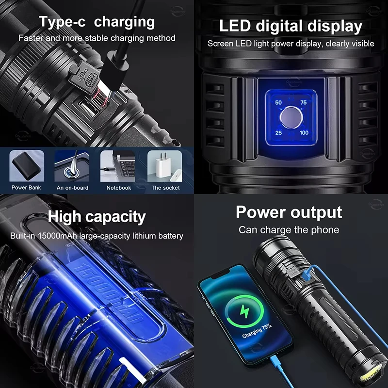 High Power Long-range Lantern Super Bright LED Flashlight USB Rechargeable Tactical Torch With Sidelight Lamp Waterproof Outdoor thumbnail 4